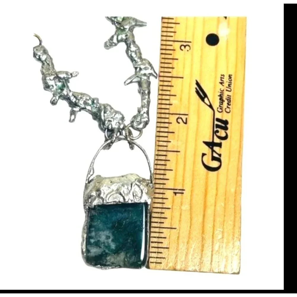 Moss Agate Pendant & Thorn Necklace Crafted w/ Silver Blend Brutalist Metalwork
